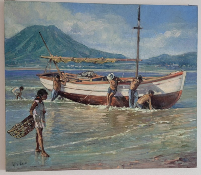 Lopez Mendez Signed Boat Seascape Oil Painting on Canvas Unframed, 76 x 66 in