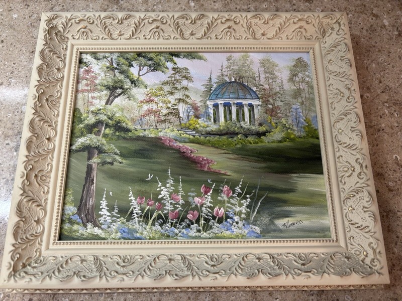 Artist Signed Cream Gold Frame Springtime Oil Painting Tulips Gazebo TK Currence