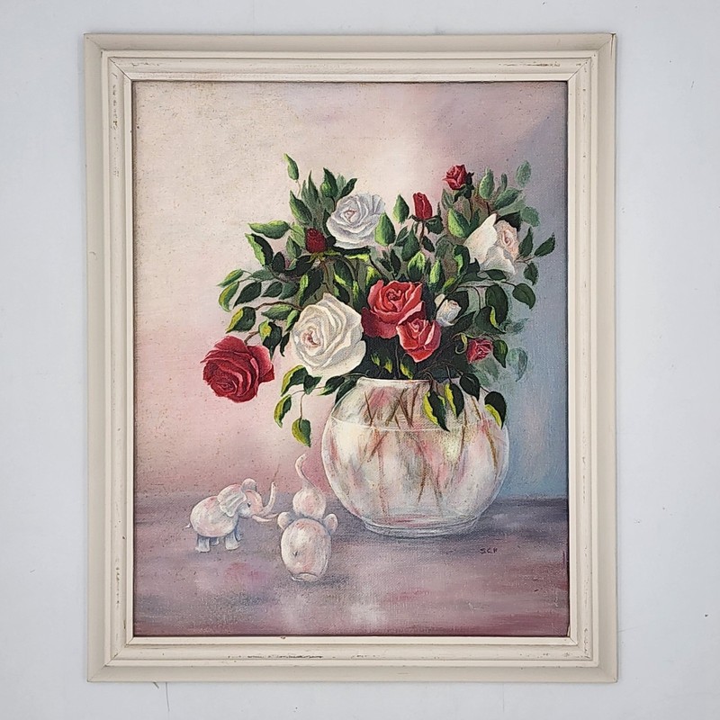 Vintage MCM Oil Painting Roses Floral Still Life Pink Elephants Signed SCP Frame
