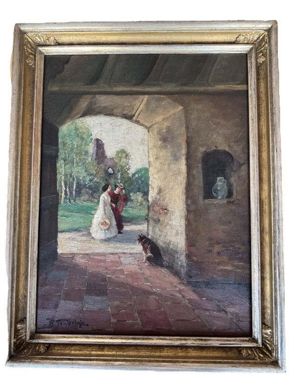 Beautiful Oil Painting by P. Tenbrink Women In Archway