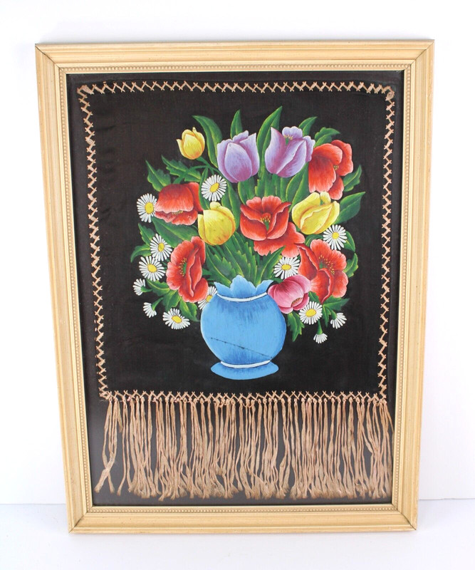 Antique Oil Painting Bouquet Of Flowers On Silk Textile With Hair Lace? Framed
