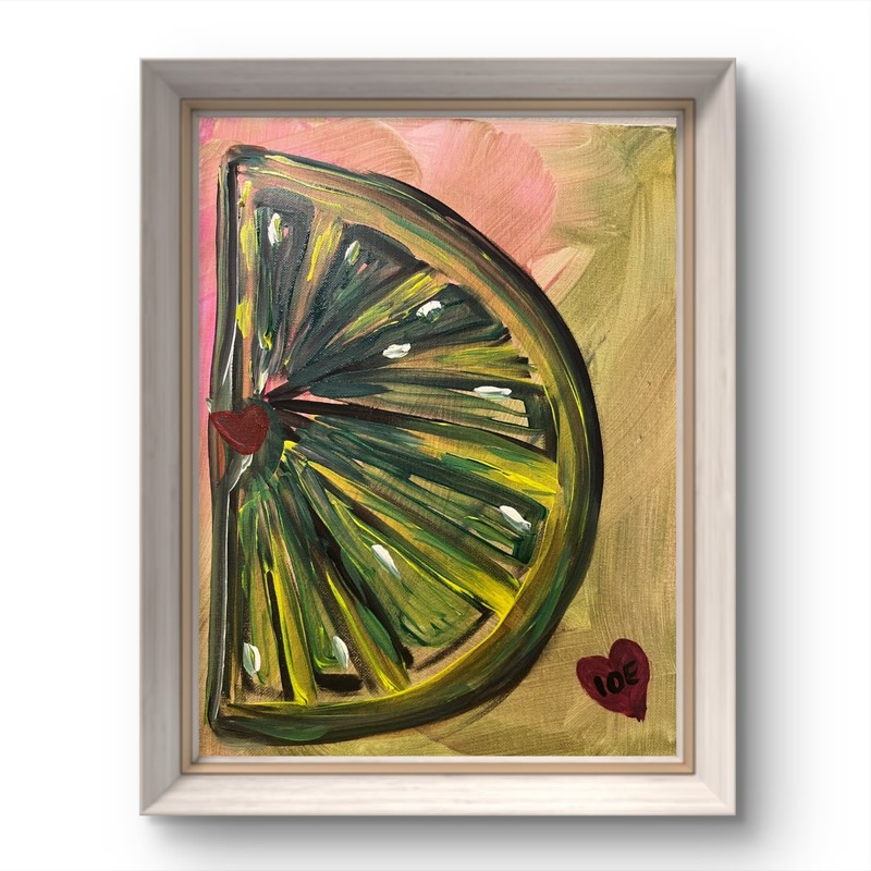 BLESSED#884 Lemon Lime Heart Abstract Original 14×11 Canvas Kitchen Food Art