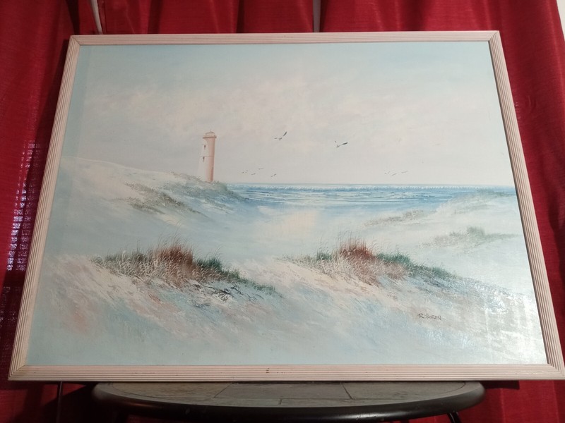Vintage R. Boren Oil Painting Rare 48″× 36″ Canvas Nautical Seaside Lighthouse