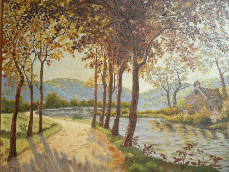 SIGNED, VINTAGE OIL PAINTING RIVER PLEIN AIR REALISM BLEND IMPRESSIONIST TREES gallery