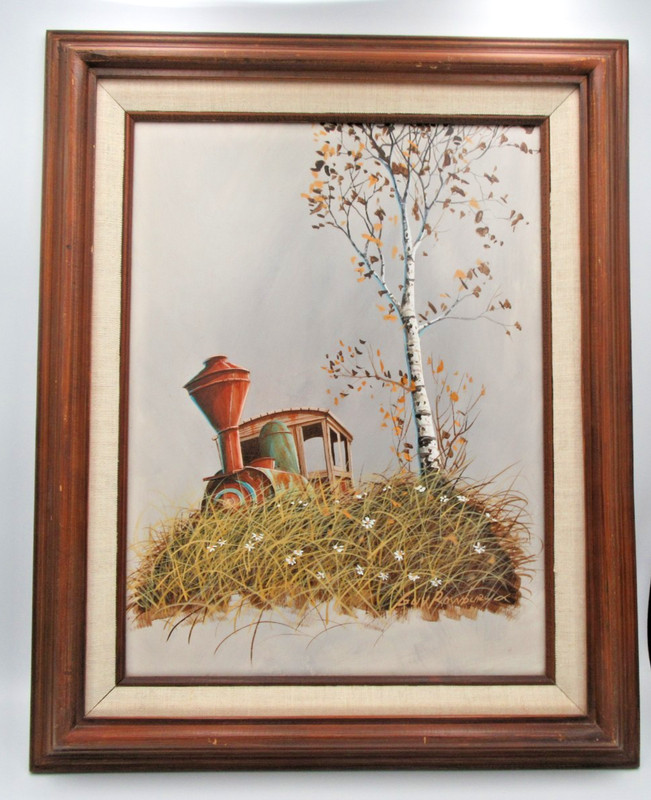 Painting by Guy Rowbury of Steam Engine Locomotive Train Along Countryside