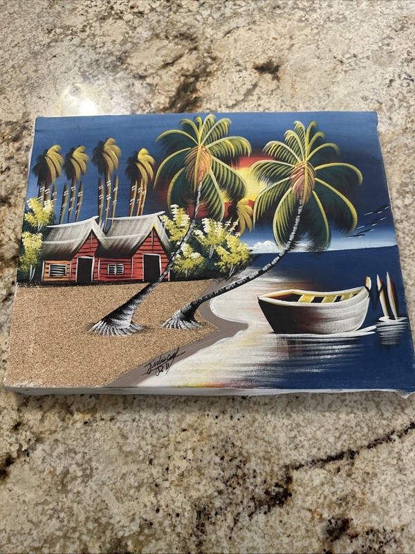 Vintage Canvas Painting Tropical Beach Sunset Trees Sand Boat Hut 16X12