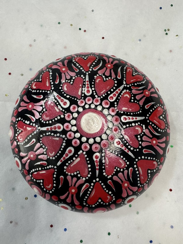 Artisan Hand Painted Man Made Rock | Mandala Red Hearts Dotting Art 4″