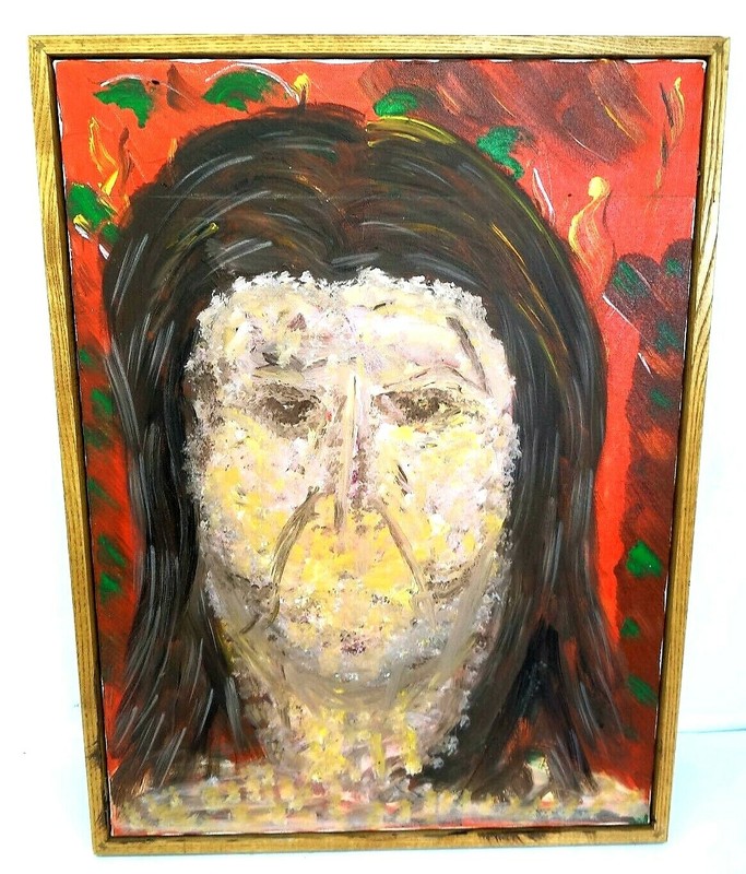 Original Abstract Portrait Patrick Verre Unsigned Oil Painting Canvas Oak Frame