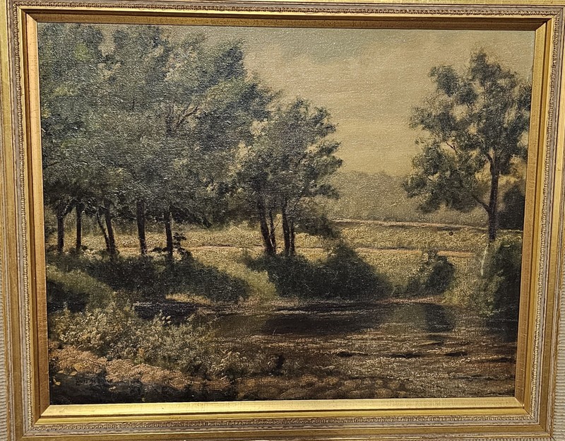 LOUIS SAPHIER Circa 1930s Pond Forrest Landscape Oil painting Board Framed Art gallery