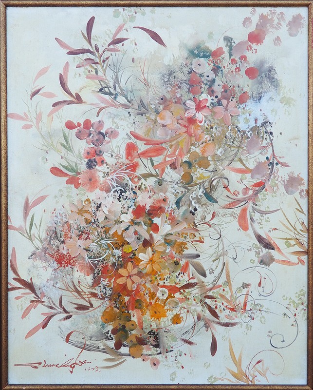 Original vintage abstract expressionist flowers oil painting by Shoo-Ching Wan
