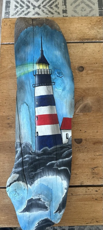 Orig, Unique Hand-painted Lighthouse on Driftwood, Signed Art. 2008 24” X 7”