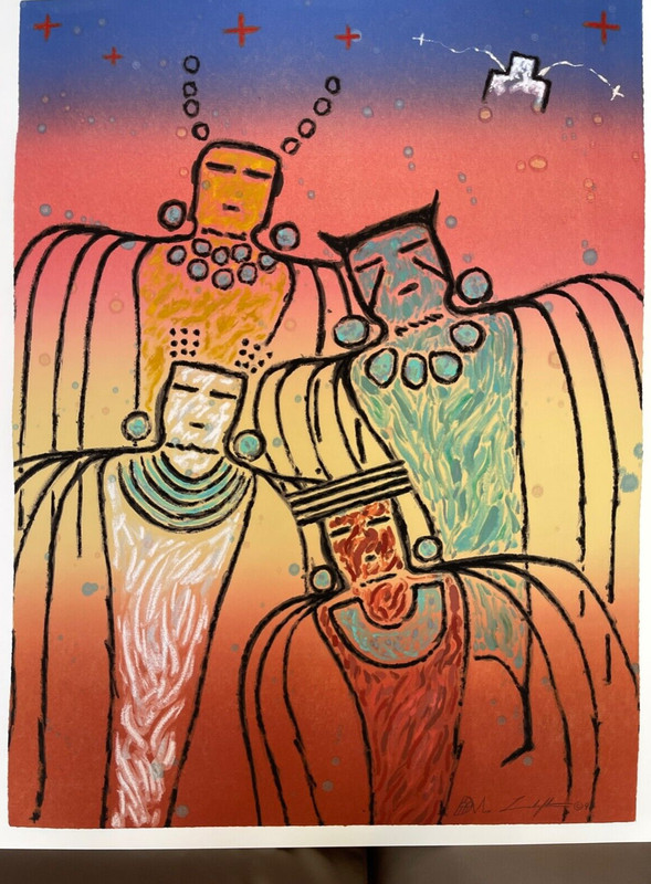 DAN V LOMAHAFTEWA HOPI/CHOCTAW «RAIN MYTH 2″ MONOTYPE ON PAPER 93 41.5″ X 32»