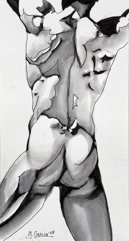 ORIGINAL MALE NUDE WATERCOLOR/PEN & INK – Barcelona ARTIST SIGNED