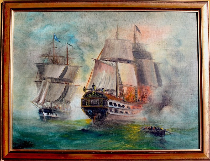 Big 60x 70cm O/C /Greek Independence Naval Battle/signed Josif Demiris 1945-2023