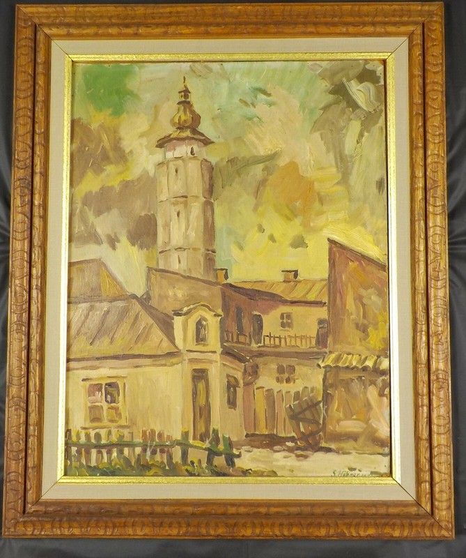 Vintage Original 1962 Oil Painting of a Village Landscape by S. Hubner Listed