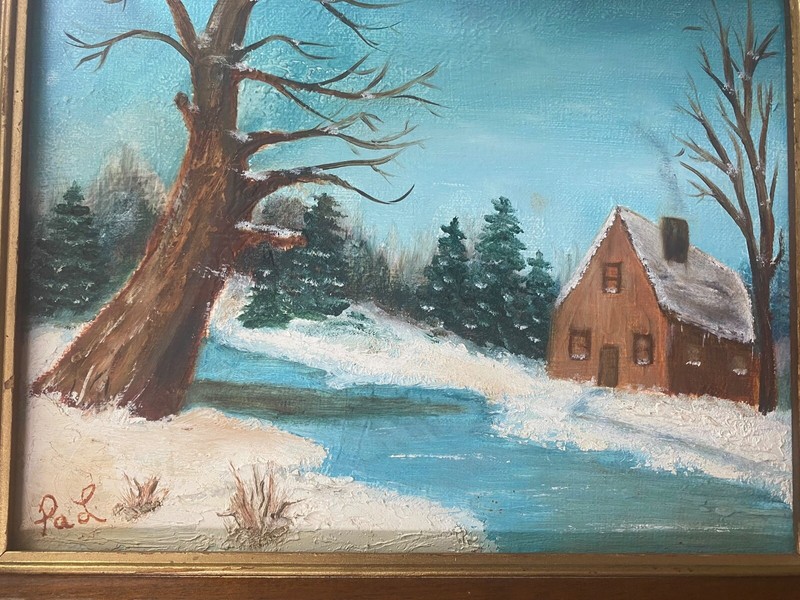 Vintage Original Oil Painting of a Winter Landscape, Cabin near Creek Signed gallery