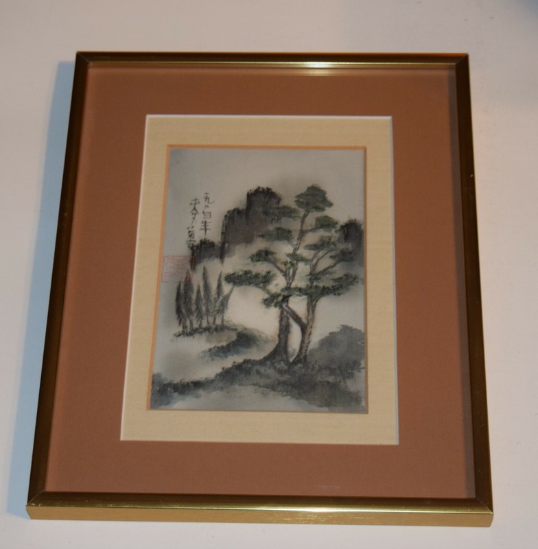 Original Chinese Watercolor on Silk in Glass Frame