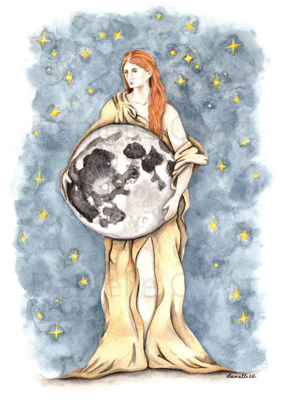 Original Watercolour Selene Painting – Greek mythology goddess art