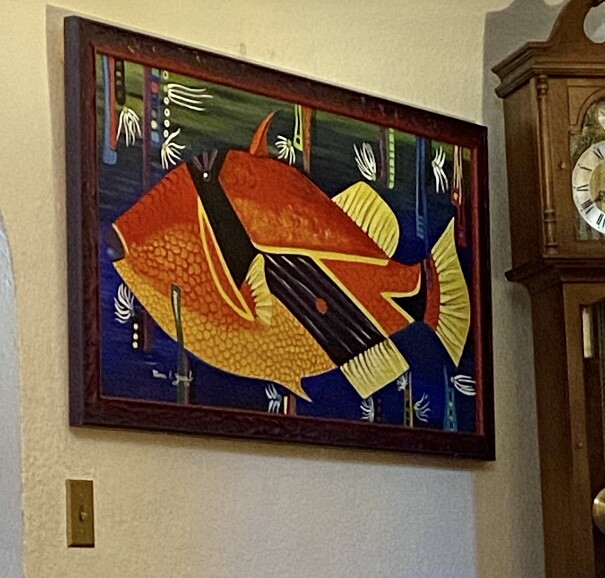 Tropical Fish Oil Painting Bandit Tiki Warrior Carnival Signed Yacoub'98 Vintage gallery