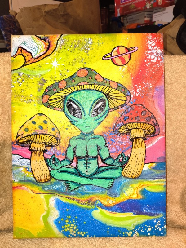 Hand Painted Wooden Canvas Fluid Art W/ Alien And Mushroom In Space 9 X 12