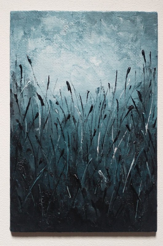 Original 4×6″ Oil Painting abstract WILD GRASSES FIELD green blue textured art