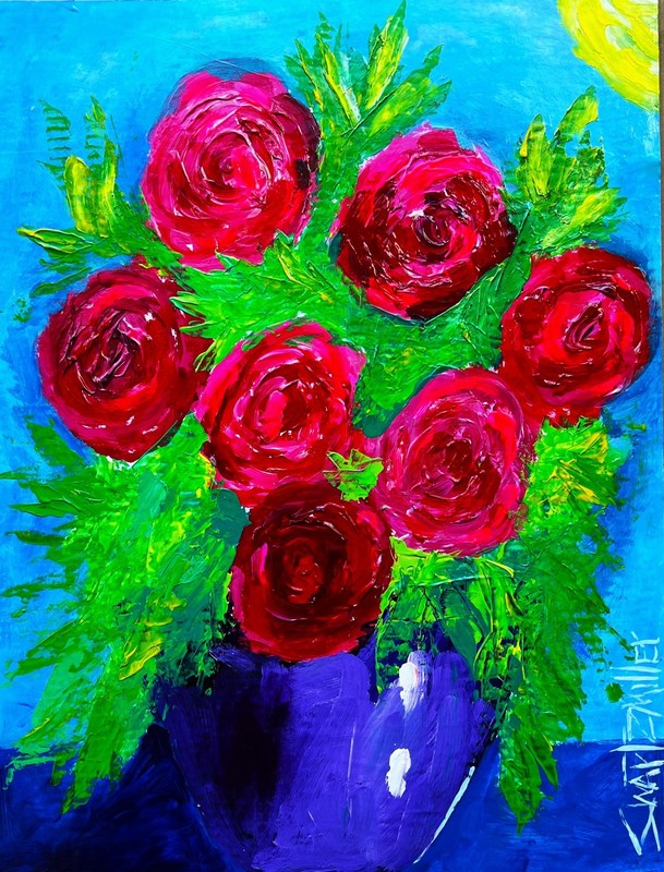 ROSES FLOWER VASE Original acrylic /cardboard POP ART colorful SWARTZMILLER DNA gallery