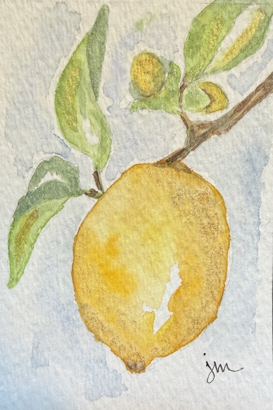 ACEO Watercolor Painting Lemon on Branch w/Gold @butikify-Jeanne Marie #118