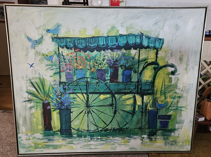 ✅ Lee Reynolds~»Flower Cart»~Oil Painting~Canvas~Framed~Vintage~1960s~60″x48″