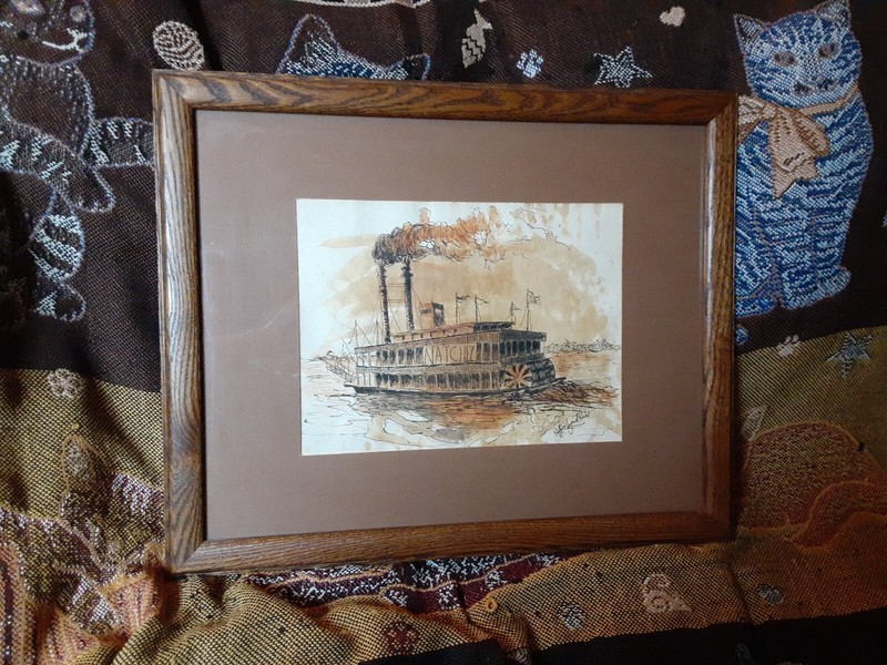Original Watercolor Painting Steamboat Natchez New Orleans Signed Folk Art
