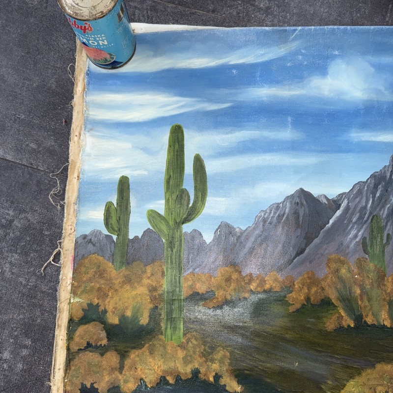 Original Vintage Folk Art Southwest Desert Landscape Painting 30x24 Mountain Wow gallery
