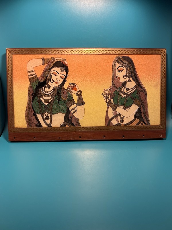 Vintage Wooden Crushed Gemstone Painting Glass Bani Thani, Indian Princess