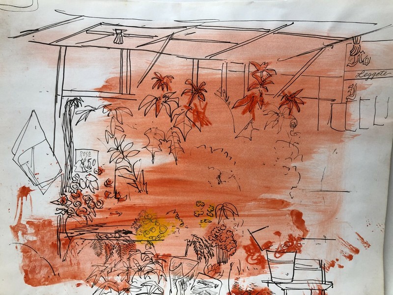 Solarium with Plant Watercolor & Ink 13 1/2 x16 3/4 Painting-1960s-Adolf Konrad.