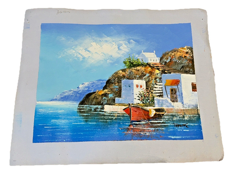 2 Greece Mediterranean sea town Oil Painting handmade on unstreched canvas gallery