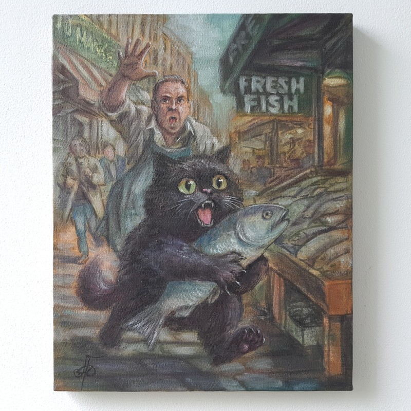 Funny Cat Stealing Fish Original Oil Painting Animal Humor Kitchen Wall Art gallery