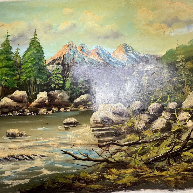 Vintage large oil painting landscape river mountains trees on Canvas gallery