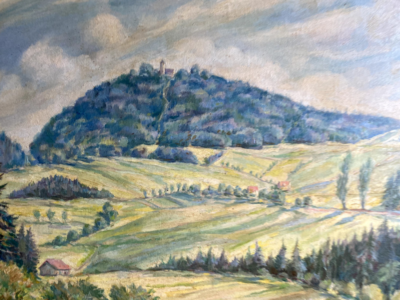 ::OIL PAINTING LANDSCAPE CASTLE CASTLE WHO KNOWS THE PLACE? SIGNED FRAME 1948 gallery