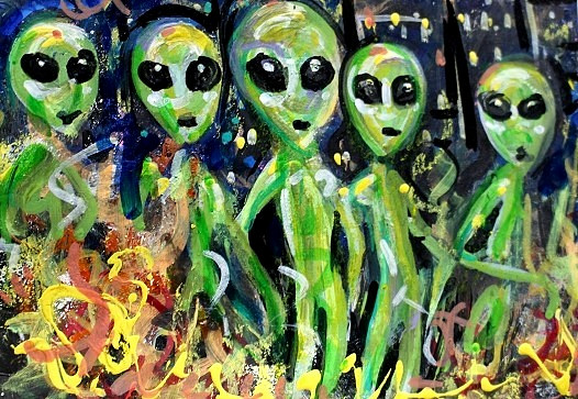 Original ACEO Painting ALIEN Spaceship Stars Fire War City Universe UFO ATC ART