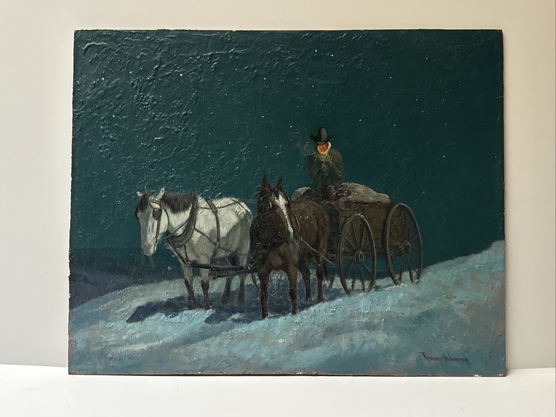 SMOKING COWBOY PAINTING HORSE NIGHT NOCTURN ROBERT WAGONER LISTED FAMOUS WESTERN