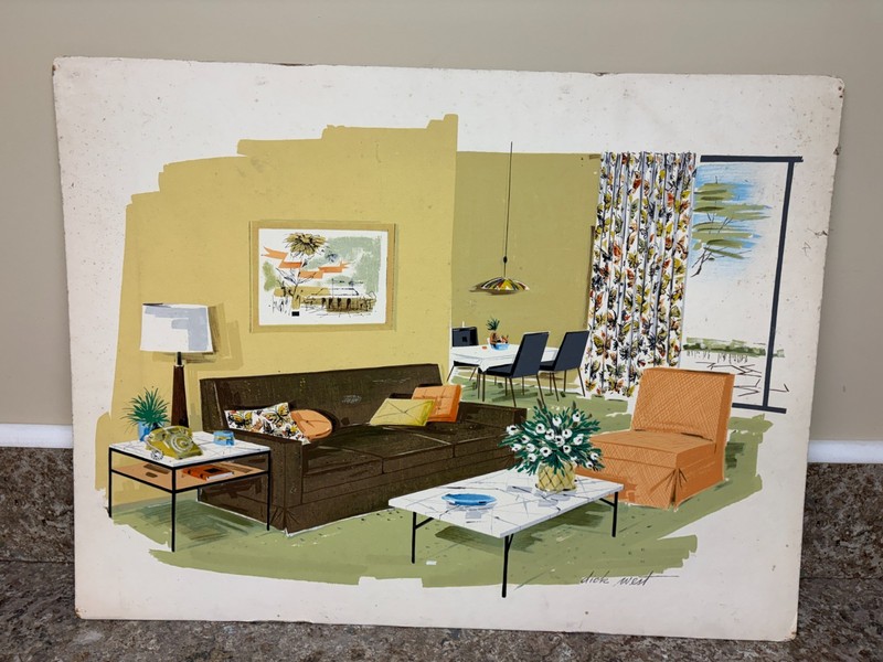 MCM Gouache Painting Rendering Board Signed Dick West Ad Interior Design