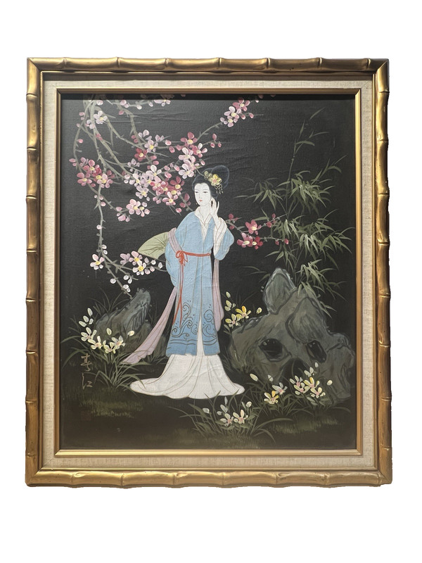 Vintage Mid Century Painting Japanese Geisha In Garden Signed Faux Bamboo Frame