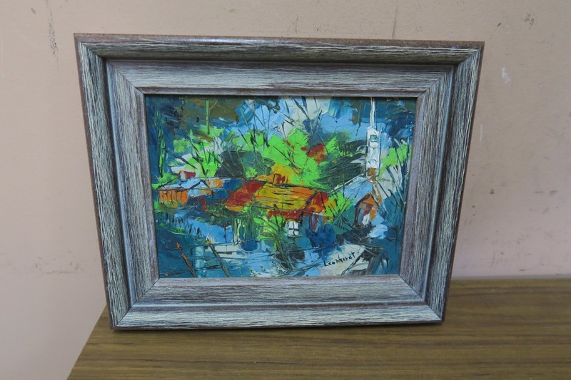 Vintage Painting Signed R. Leonhardt «White Steeple» 6″ x 8″ Framed oil on board