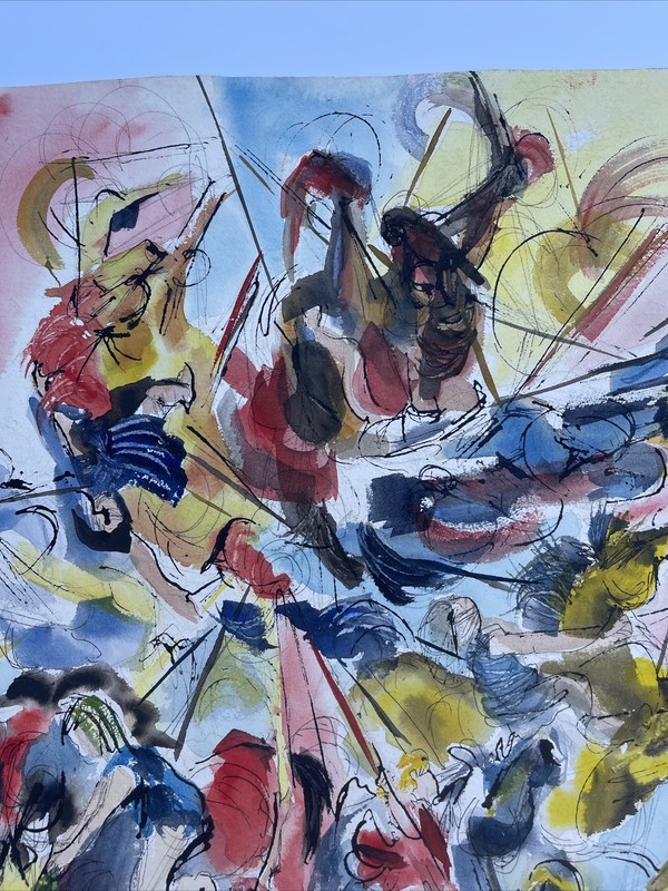 VINTAGE PAINTING ABSTRACT EXPRESSIONISM HORSES CAROUSEL CARNIVAL FAIR 1960'S gallery