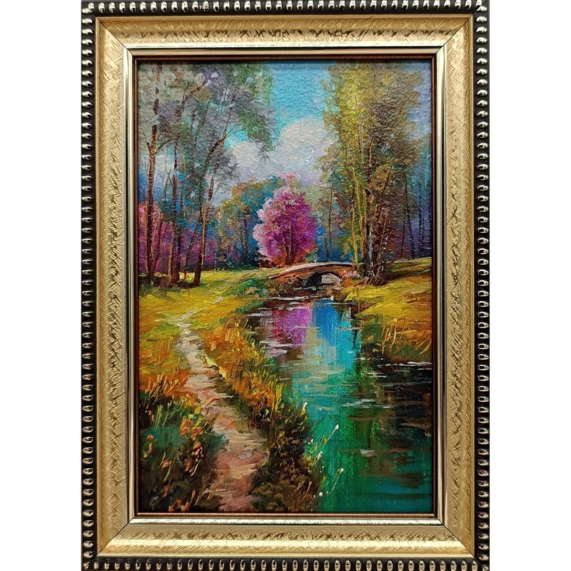 Original Oil Painting Forest Landscape with River 6×4 in Signed Framed