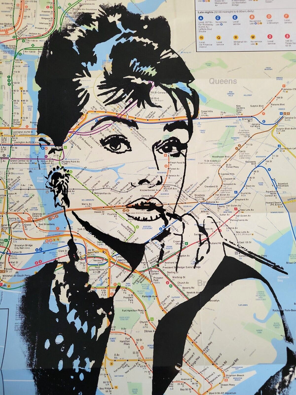 Unique Audrey Hepburn Handpainted Acrylic Art on a NYC Subway Map 23×32″