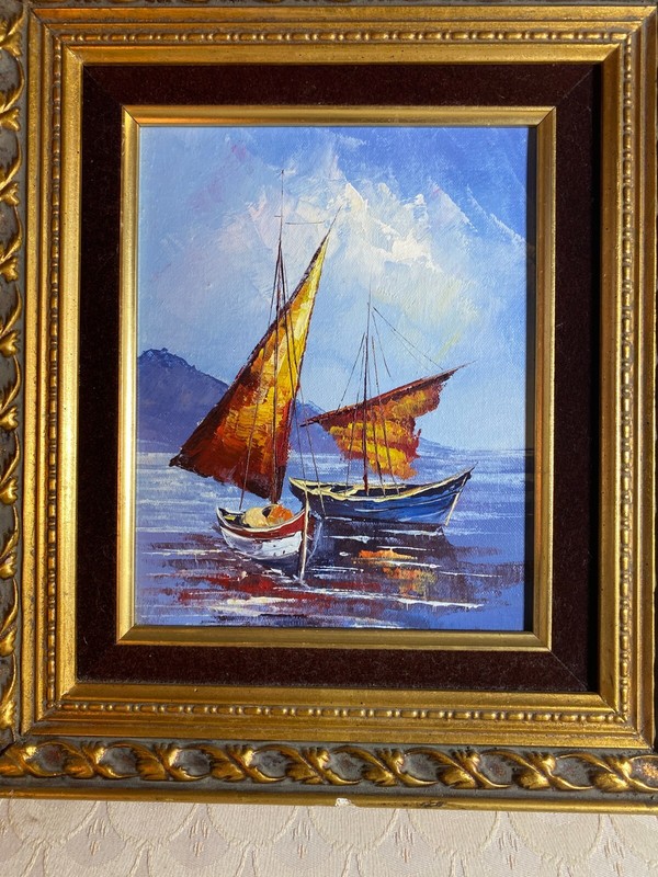 "Two Moored Boats Scene" Oil Painting - Framed gallery