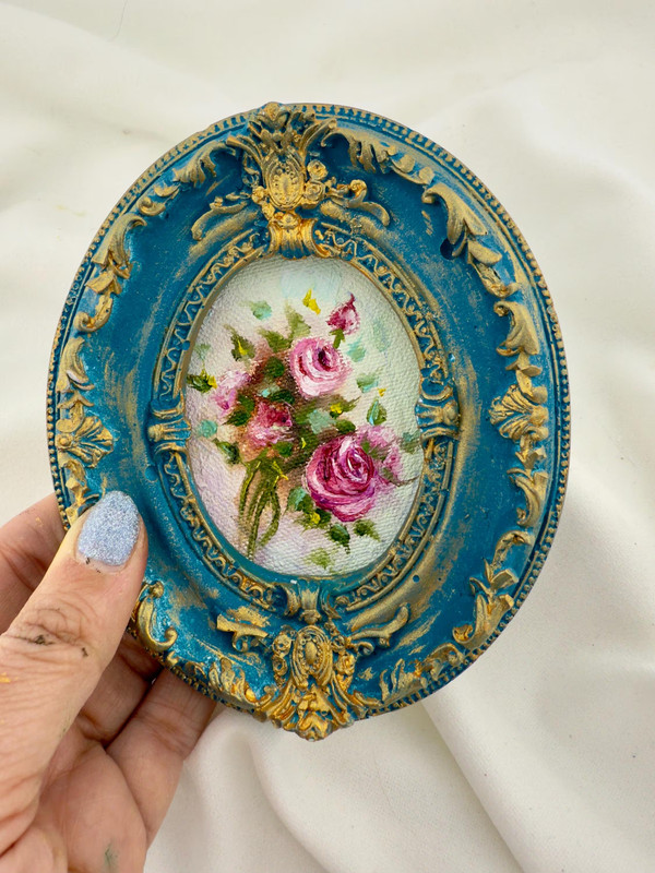 Tiny Oil Painting: Moody Floral Art in Baroque Frame (12cm x 14cm) gallery