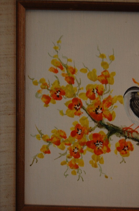 VTG 1980S SIGNED FRAMED ORIGINAL OIL ORIENTAL STYLE BIRDS AND BLOSSOMING TREE gallery
