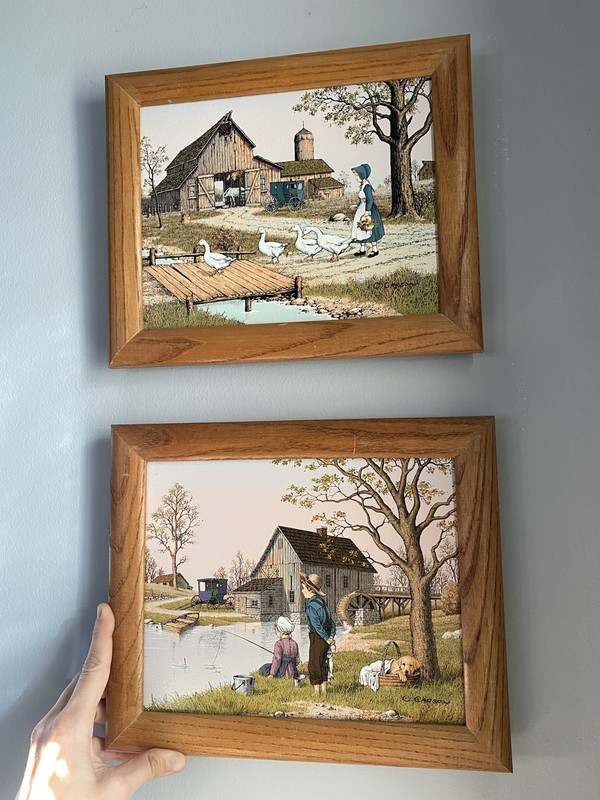 Certified C. Carson Oil Paintings Boy Girl Fishing Rowboat Farm Ducks Framed