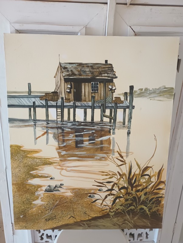 Waterscape Fishing Cabin Dock Acrylic On CANVAS Painting, Large 30″X24″, Signed