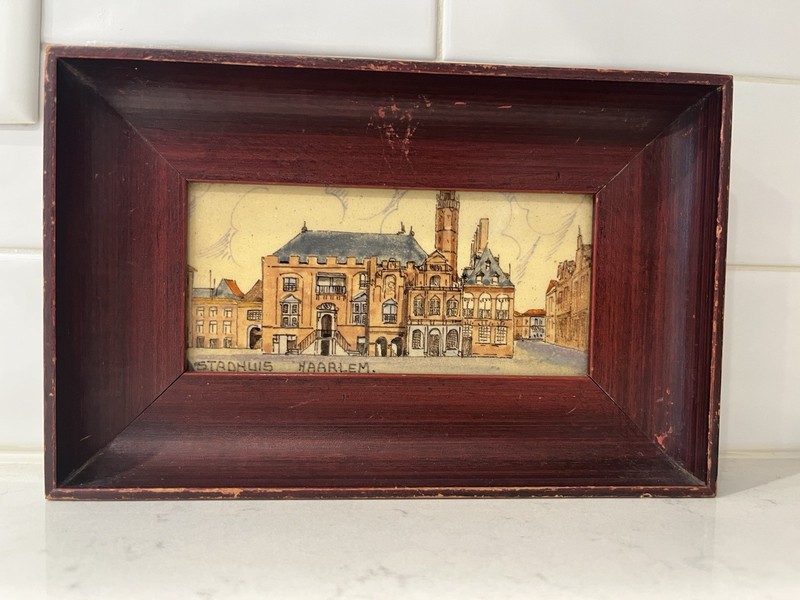 Stadhuis Haarlem Realism Cityscape Painting on Ceramic Tile 1939 Wood Framed